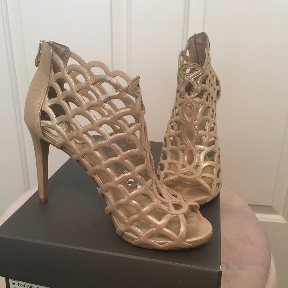 Vince Camino gold open toe booties